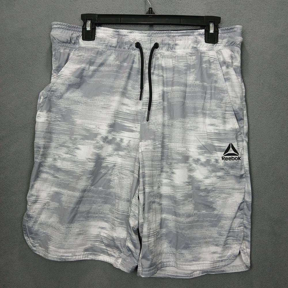 Reebok Basketball Shorts Men Medium White Gray Drawstring Linear Camo Beach Wear